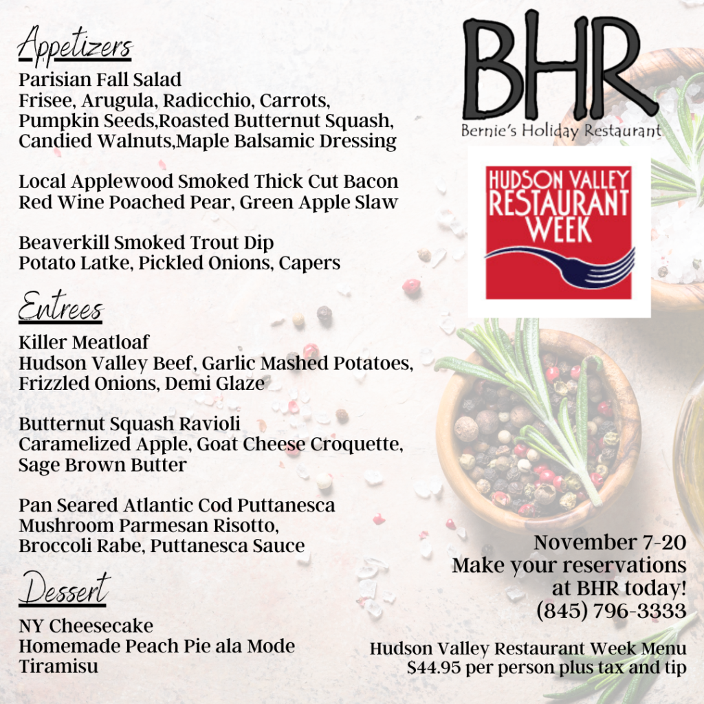 2022BHRHudsonValleyRestaurantWeekMenu Bernies Holiday Restaurant